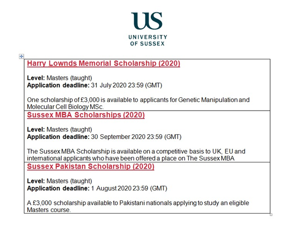 Sussex University Scholarships